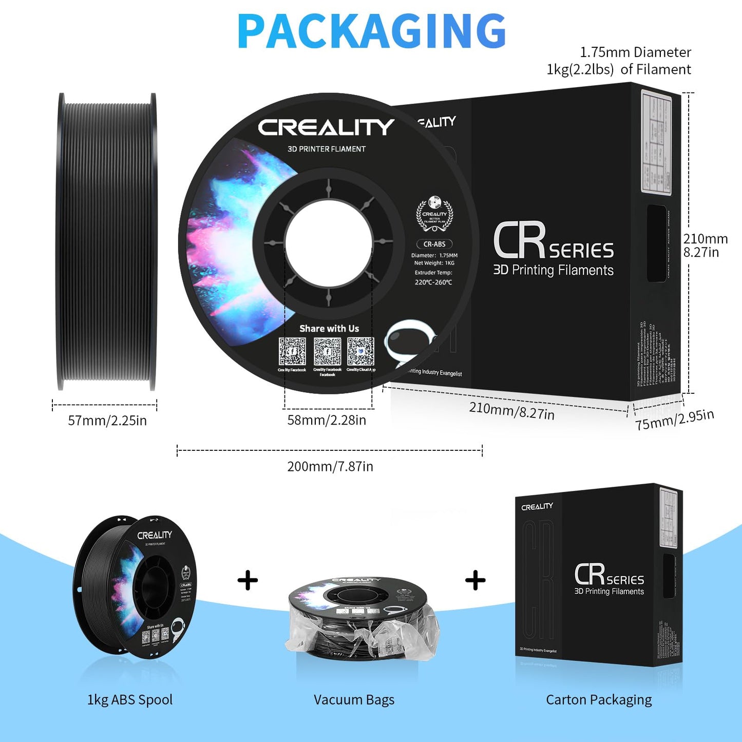 Creality ABS Filament 1.75 mm, Official 3D Printer Filament ABS No-Tangling, Strong Bonding and Overhang Performance Dimensional Accuracy +/-0.03mm, 1kg(2.2lbs)/Spool (Black)