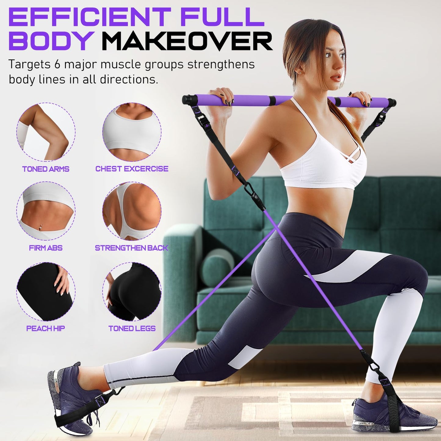 Pilates Bar Kit with Resistance Bands, Multifunctional Pilates Bar for Women & Men with Heavy-Duty Metal Adjustment Buckle, Pilates Home Equipment for Full BodyWorkouts