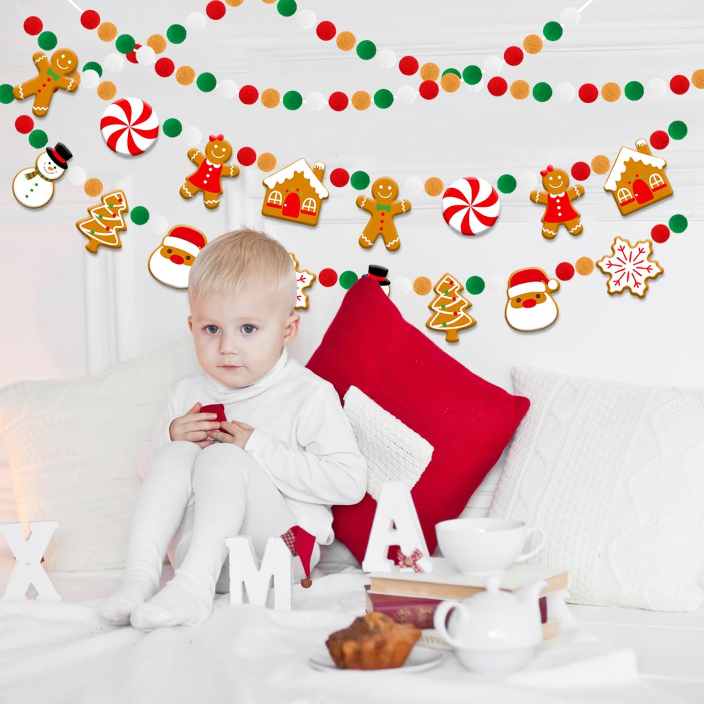 Doumeny 3Pcs Christmas Felt Ball Banner Xmas Gingerbread Man Candy House Garland Banner Christmas Tree Santa Claus Snowflake Snowman Garland Bunting Xmas Hanging Bunting for Holiday Mantel Home Decor