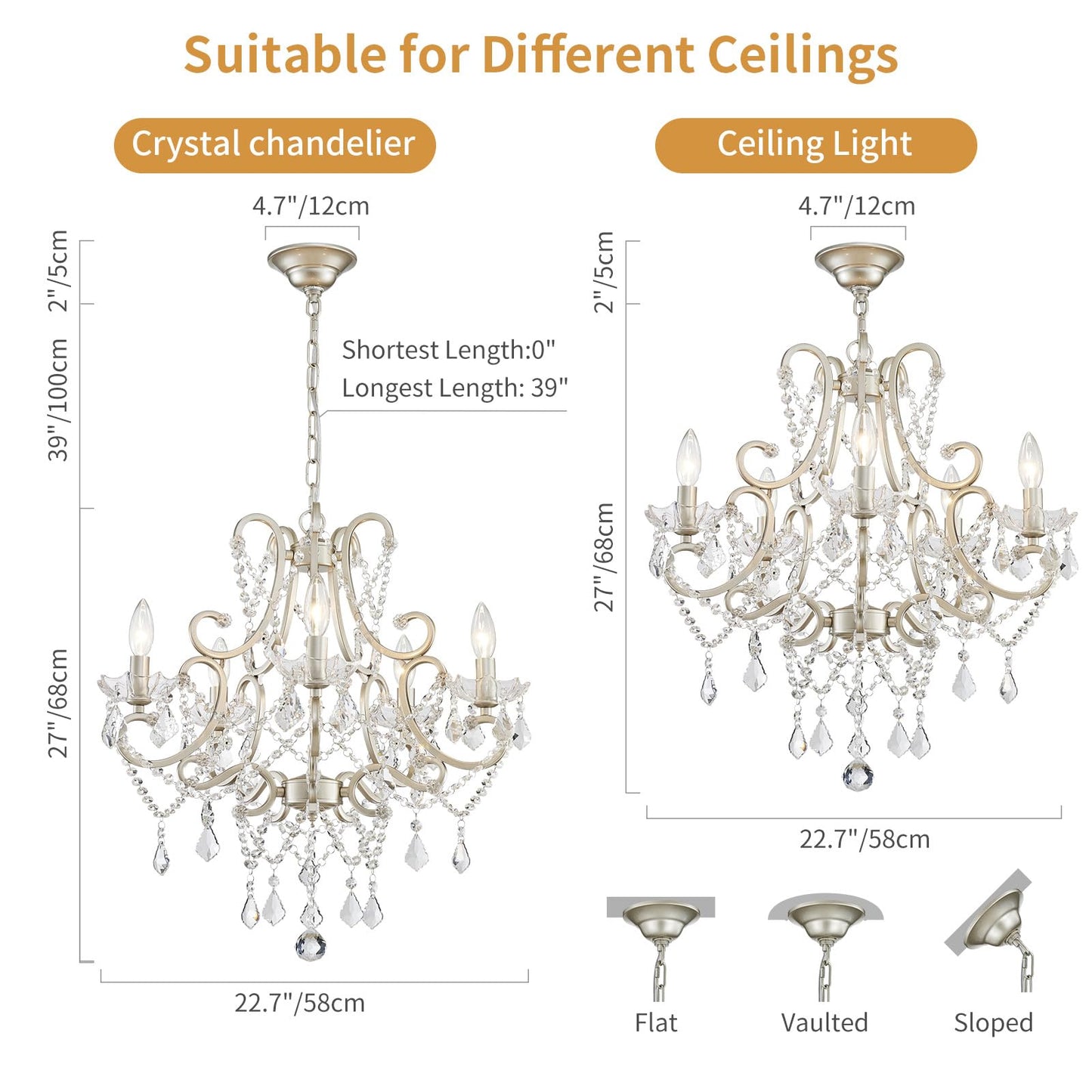 Crystal Chandelier, 5-Light Modern Chandelier for Dining Room Light Fixture, Nickel Finish Pendant Ceiling Light Fixture, Modern Candle Chandelier for Living Room Kitchen Island Entryway Bedroom