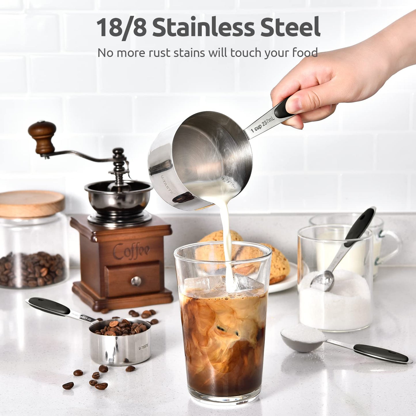 Measuring Cups and Spoons Set: U-Taste 18/8 Stainless Steel 12 Pieces Metal Stacking Kitchen Baking Cooking Food Measure Set 7 Cups 5 Spoons with Strengthened Weld Joints (Black, Upgraded Version)