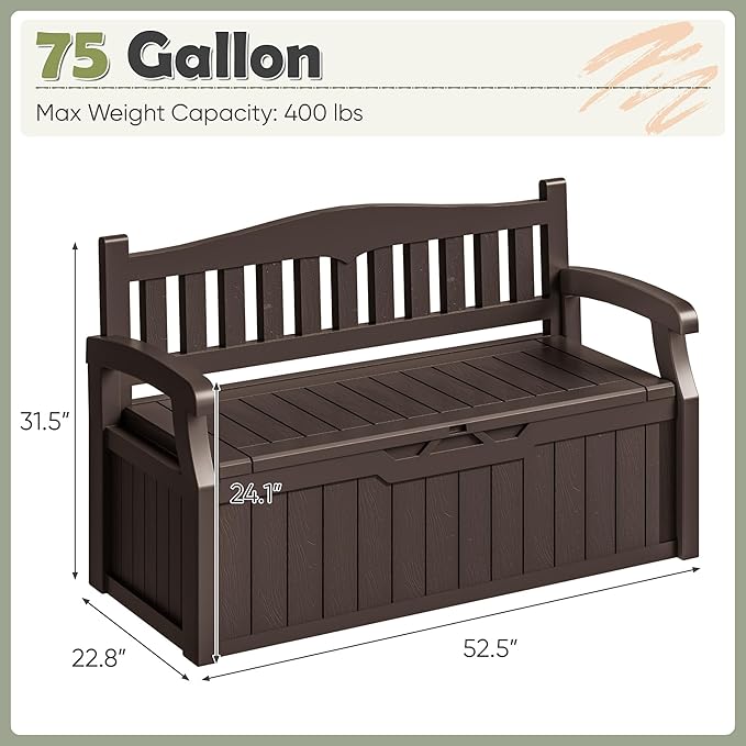 Homall 75 Gallon Outdoor Storage Benches Lockable Deck Box with Waterproof and UV Resistant, Waterproof Storage Box for Patio Furniture, Tools, Cushions (Brown)