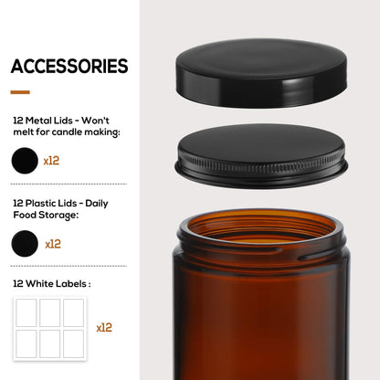 24 Pack 8oz Amber Glass Jars with Black Lids - For Candle Making, Food Storage, Canning, Spices, Liquids - Leakproof & Dishwasher Safe