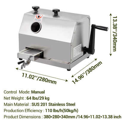 Garvee Manual Sugar Cane Press Juicer, 3 Stainless Steel Rollers Commercial Sugarcane Juicer Machine, 2.4" Big Inlet, 110 LBS/H High Yield Sugar Cane Extractor