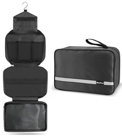 Maliton Hanging Toiletry Bag, Waterproof Large Mens Wash Bag, Foldable Travel Toiletry Bag with 4 Compartments, Travel Essentials for Business Trip, Vacation and for Overnight & Shower（Black）