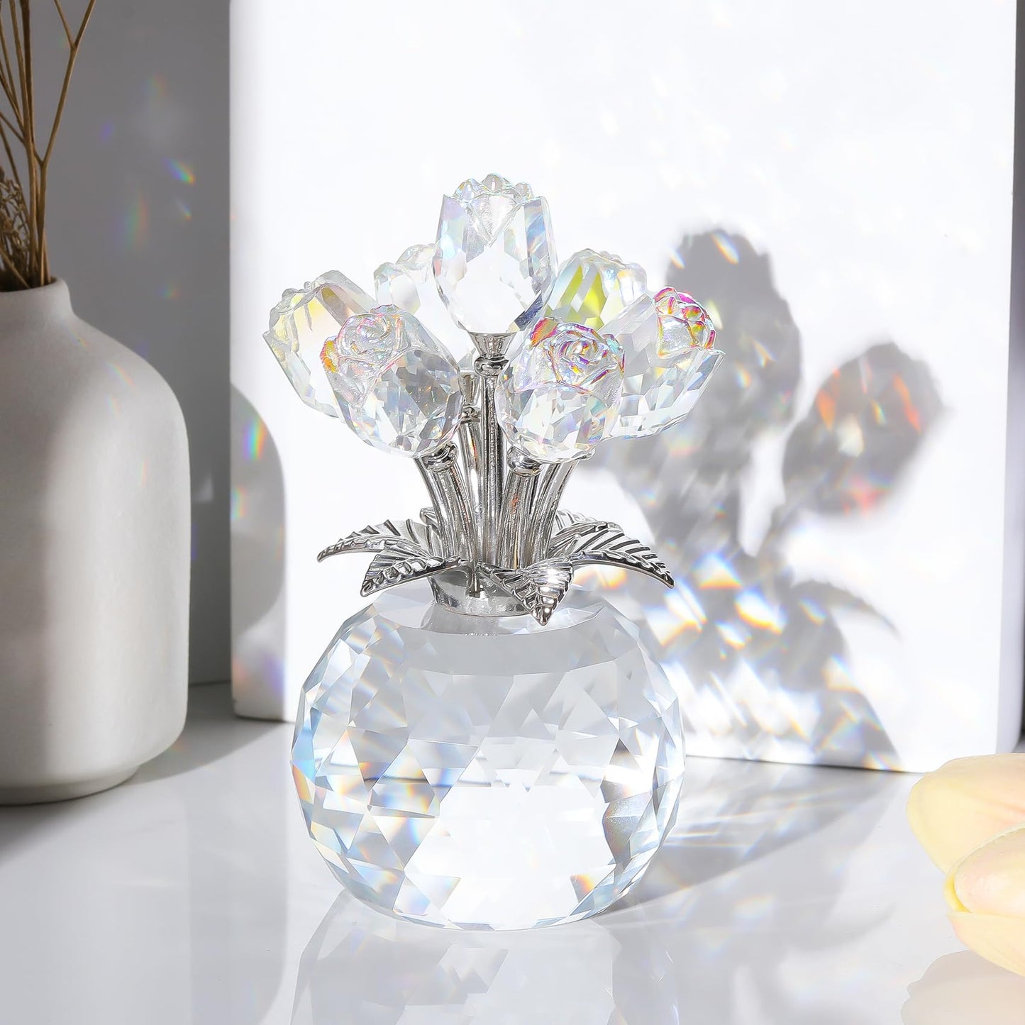 Arikyrist Crystal Clear Rose Bouquet Figurine with Round Vase, Glass Rose Flower Romantic Gifts for Women Mom on Birthday, Collectible Decoration Table Centerpiece for Home
