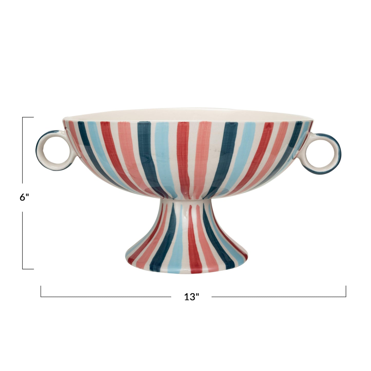Creative Co-Op Hand-Painted Stoneware Footed Bowl with Handles and Stripes, Multicolor