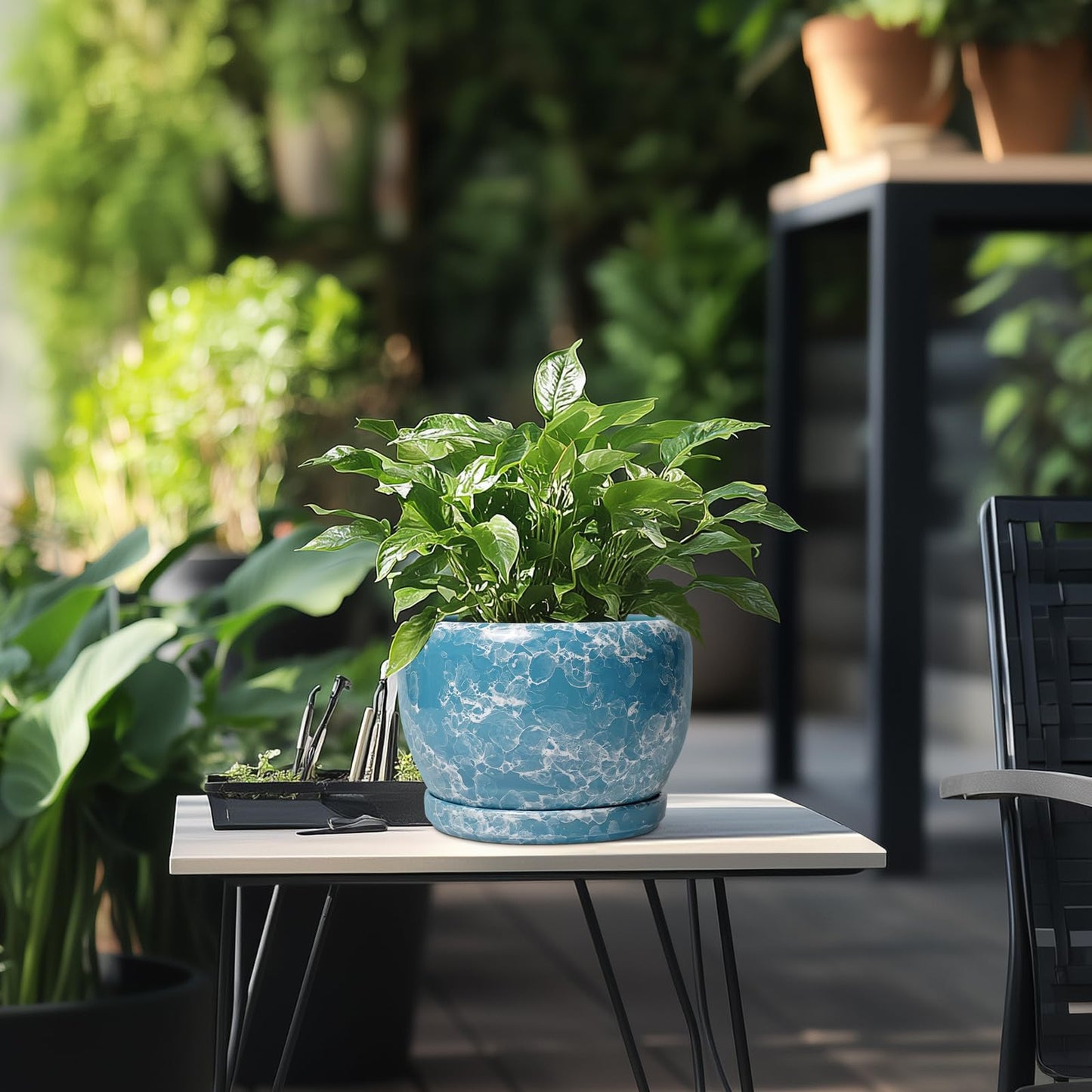 SQOWL Ceramic Pots for Plants - 8 Inch Ceramic Planter for Indoor Outdoor, Decorative Flower Pot with Drainage Hole and Saucer, Round Planter, Home Living Room Bathroom Decor, Plant Lover Gifts, Blue