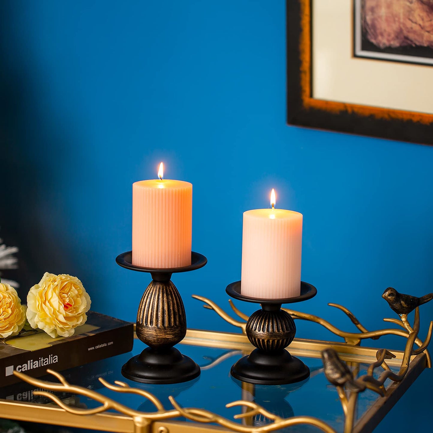 Sziqiqi Vintage Pillar Candle Holders Distressed Metal Candleholder Black Candlestick Holders Centerpiece Shabby Chic Ornaments for Coffee Dining Table Mantle Fireplace - Set of 2