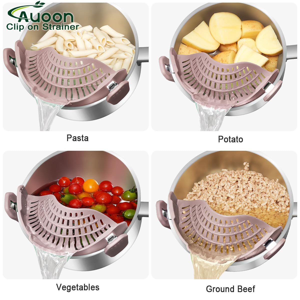 AUOON Clip On Strainer Silicone for All Pots and Pans, Pasta Strainer Clip on Food Strainer for Meat Vegetables Fruit Silicone Kitchen Colander