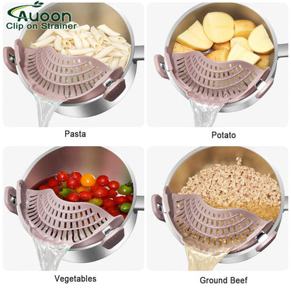 AUOON Clip On Strainer Silicone for All Pots and Pans, Pasta Strainer Clip on Food Strainer for Meat Vegetables Fruit Silicone Kitchen Colander