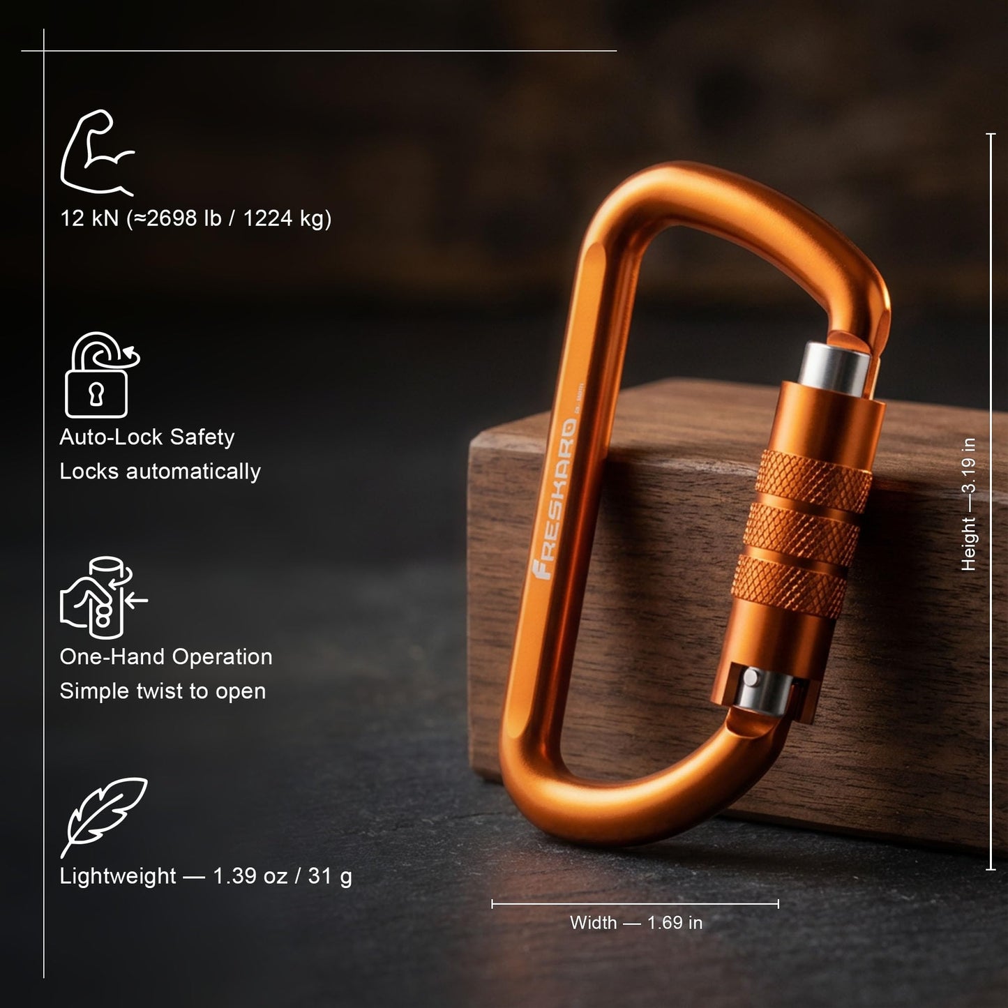 FresKaro 3inch Auto Locking Carabiner Clips, Solid D Shape Style, Heavy Duty Keychain Aluminum Carabiner - Holds a Maximum of 2698lbs, Lightweight 1.09oz, for Hammock, Hiking, Dog Leash, 3pack, Orange