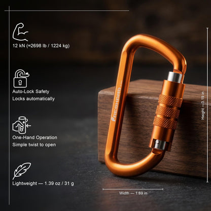 FresKaro 3inch Auto Locking Carabiner Clips, Solid D Shape Style, Heavy Duty Keychain Aluminum Carabiner - Holds a Maximum of 2698lbs, Lightweight 1.09oz, for Hammock, Hiking, Dog Leash, 3pack, Orange