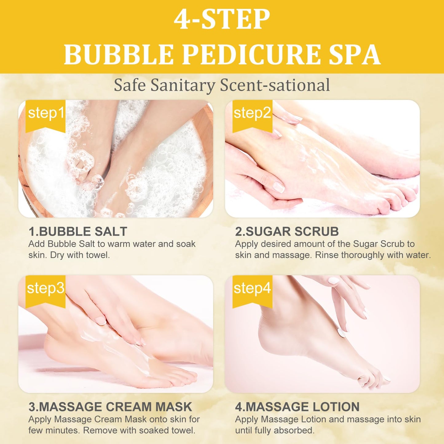 Pedicure Kit Foot Soak Set: Bubble Salt, Sugar Scrub, Massage Mask, Massage Lotion in a Box, 4 Step Foot Spa Kit for Dry Feet,Tired Feet（3 Set Tropical Fruit)