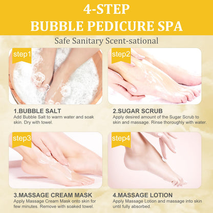 Pedicure Kit Foot Soak Set: Bubble Salt, Sugar Scrub, Massage Mask, Massage Lotion in a Box, 4 Step Foot Spa Kit for Dry Feet,Tired Feet（3 Set Tropical Fruit)