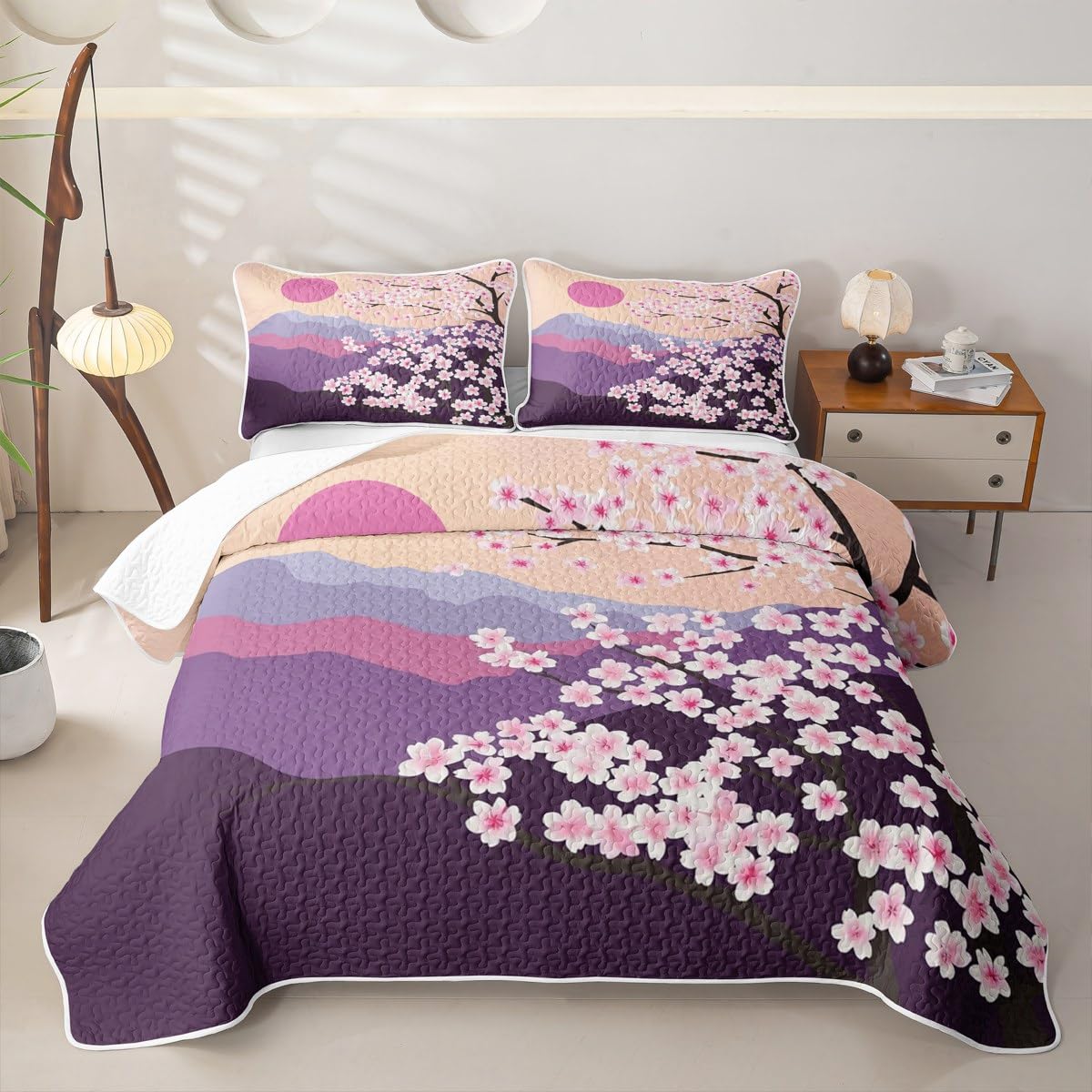 Erosebridal Cherry Blossoms Quilt Queen Pink Flowers Quilt Set Japanese Style Quilted Bedspread Branches Plant Floral Bedding Coverlet