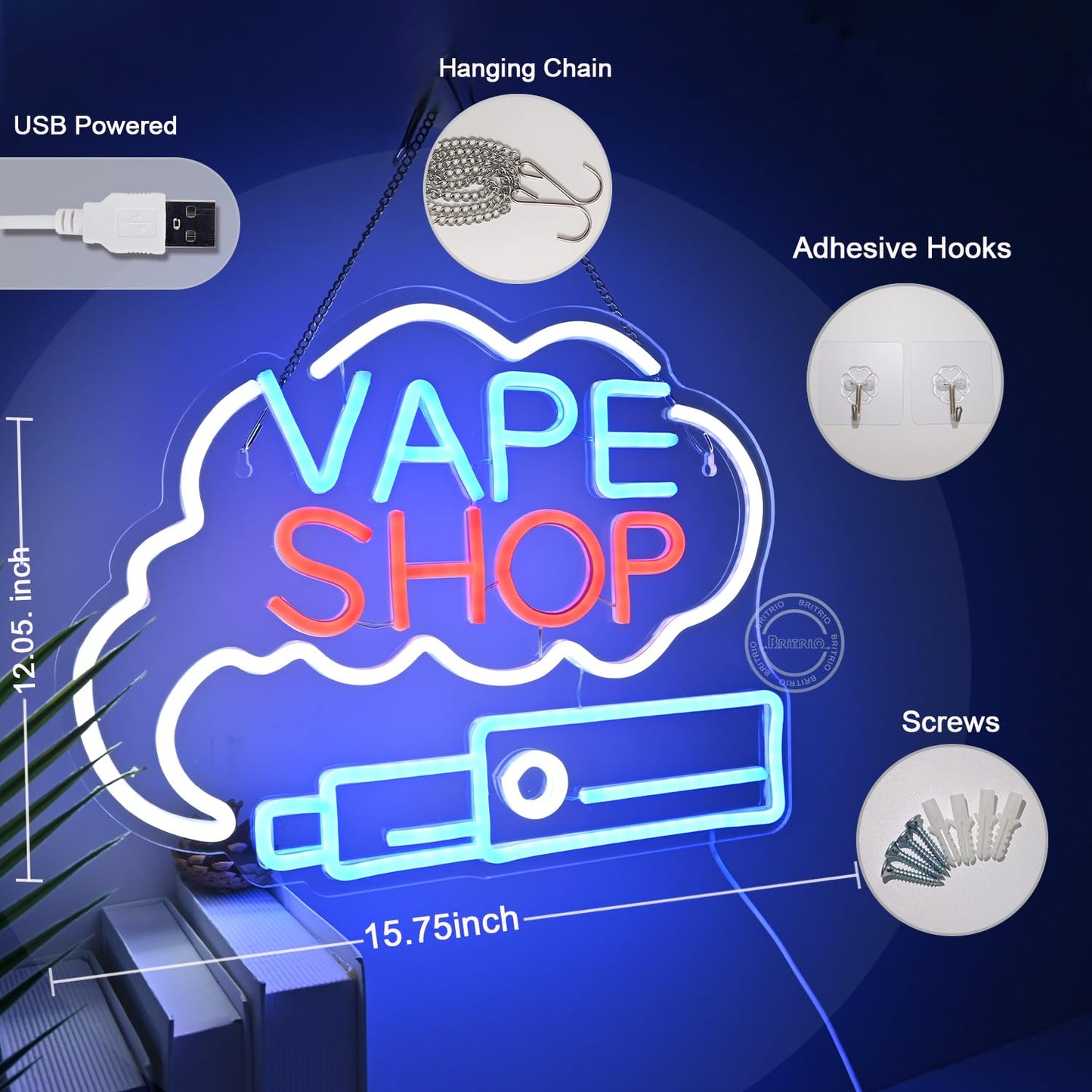 Britrio VAPE Shop Neon Sign Wall Art Decor Smoke Business Window Home Bar Office Bedroom Kitchen Man Cave Garage Light Up Sign Birthday Party Gift 5V USB