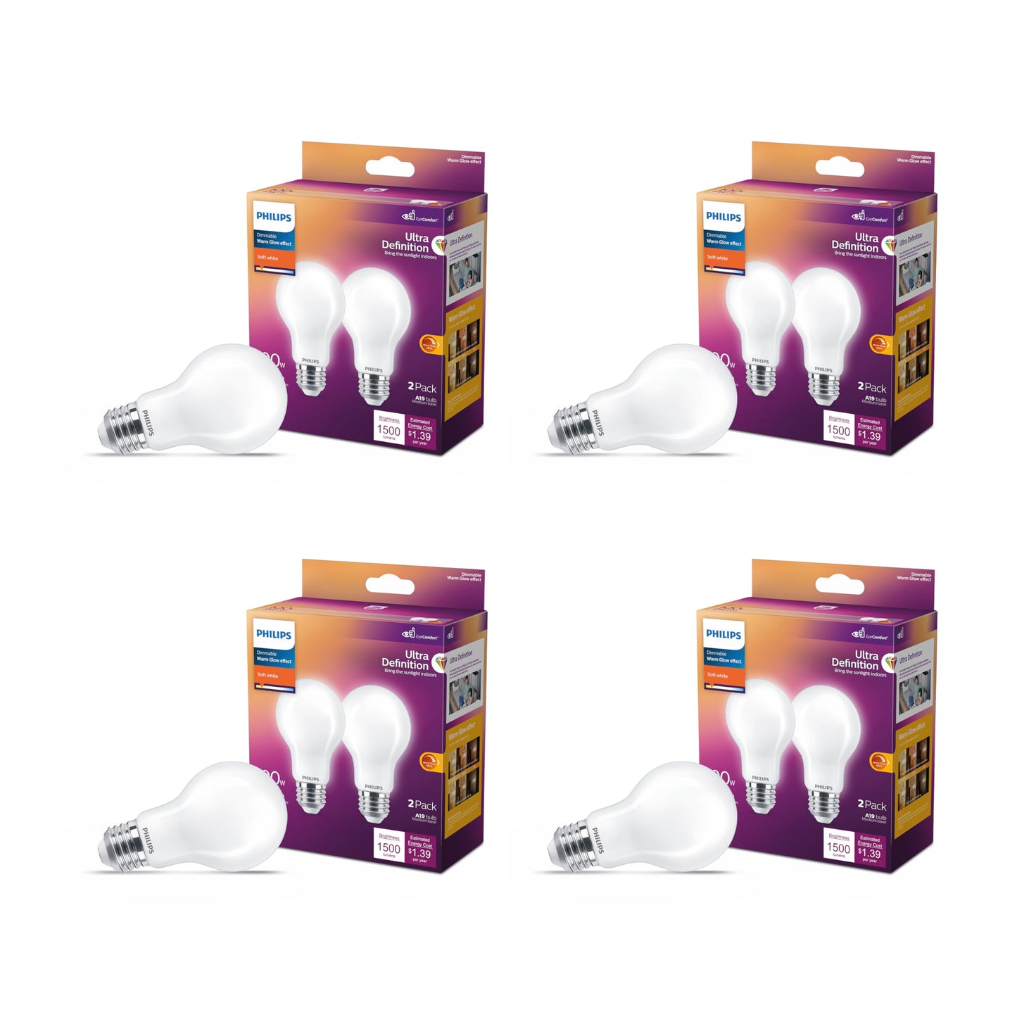 PHILIPS LED 75W A19 4-Pack Ultra Definition Daylight (5000K) 1100 Lumen (9W = 75W) Dimmable Frosted Flicker-Free Light Bulbs