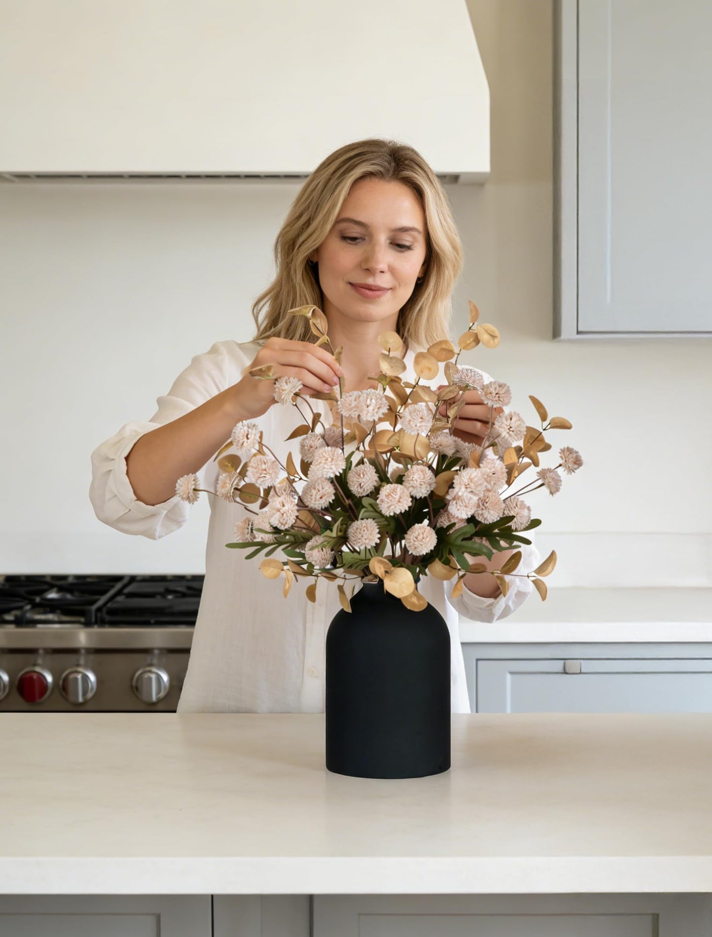 BLOSMON Fake Flowers Centerpieces for Tables: Gifts for Women Metal Vase with 12 Stems of Artificial Mums Kiku Eucalyptuses for Dining Room - Beige Faux Floral Arrangements in vase