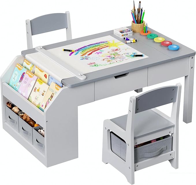 5-in-1 Kids Art Table and Chairs, Toddler Table and Chair Set, Craft Play Desk