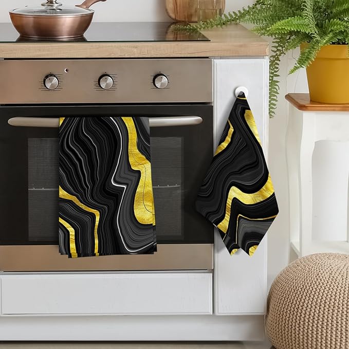 Black Gold Kitchen Dish Towels Set of 4 Soft Absorbent Marble Texture Black