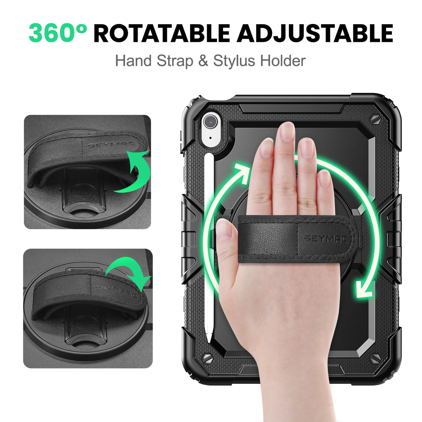 SEYMAC Case for iPad 11th/10th Generation 2025/2022 A16 11inch/10.9inch, Heavy Duty Shockproof with Screen Protector, 360° Rotating Stand/Hand Strap/Pencil Holder for iPad 11 Cover, Black