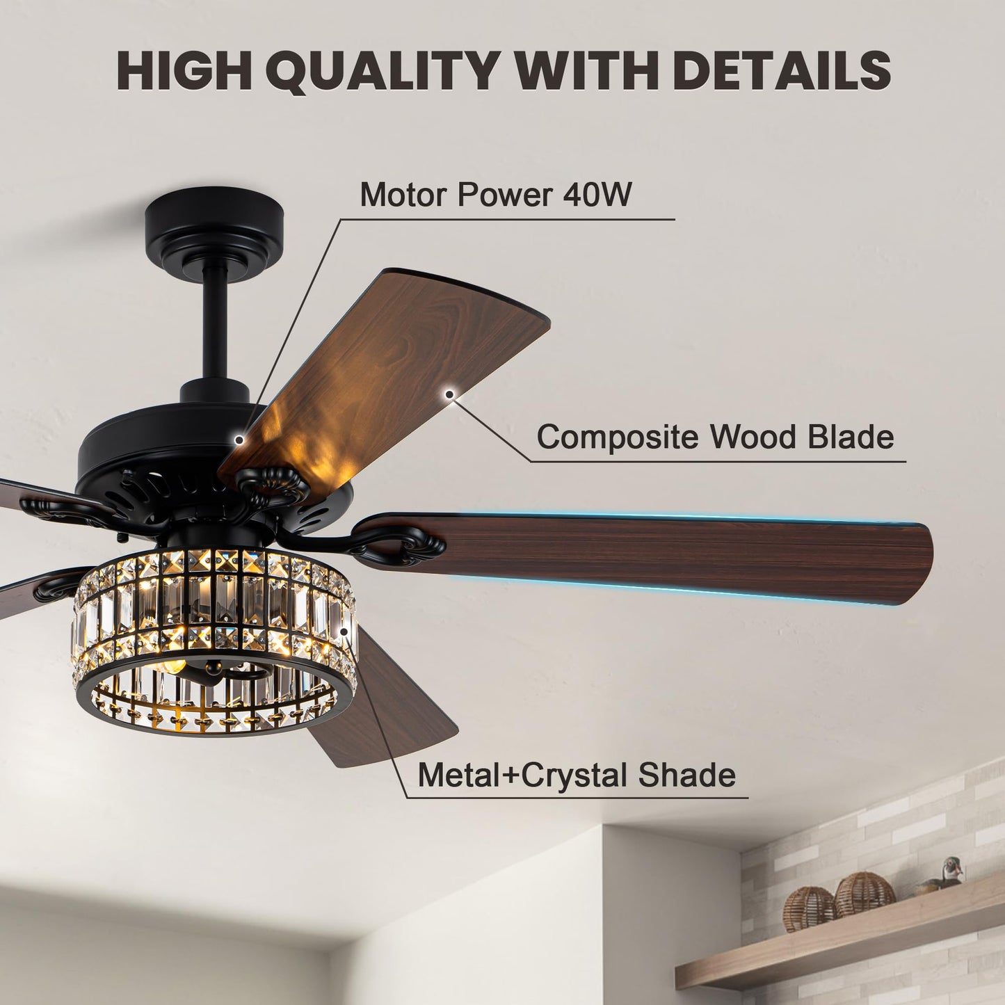 Dawn Whisper 60 Inch Crystal Chandelier Ceiling Fans with Lights Black Large Modern Ceiling Fans for Living Room Bedroom Quiet and Reversible DC Motor 6 Speeds Enegery Efficient
