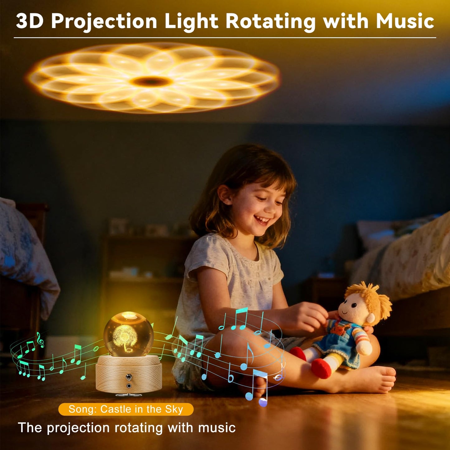 XKELFX 3D Crystal Ball Music Box, with Projection LED Lights, Rotating Wooden Base, Musical Box Gift for Birthday, Christmas, Valentine's Day, for Women Mom Daughter Girls (Dandelion)