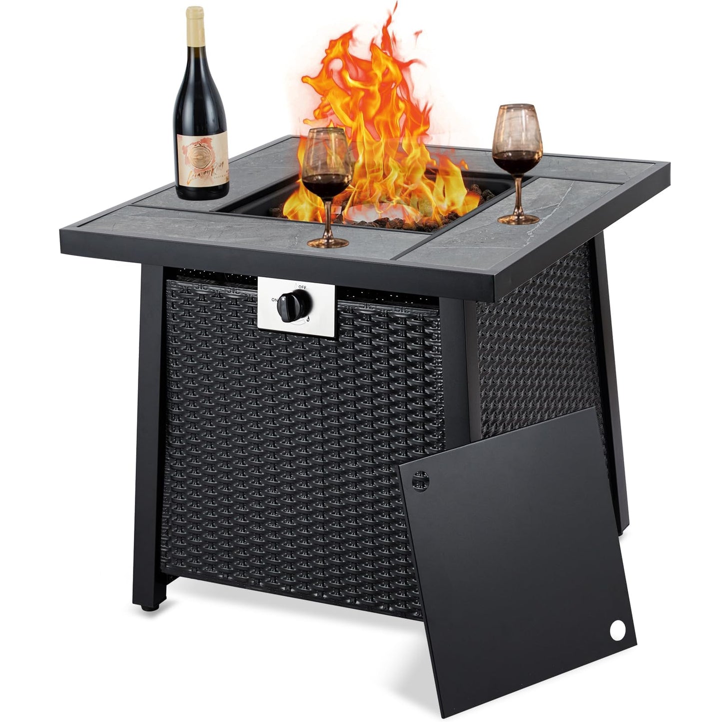 28 Inch Gas Fire Pit Outdoor Firepit Table, 50000BTU Rectangle Propane Fire Table with Lid & Lava Rock for Outside Garden Backyard Deck Patio, CSA Safety Certified