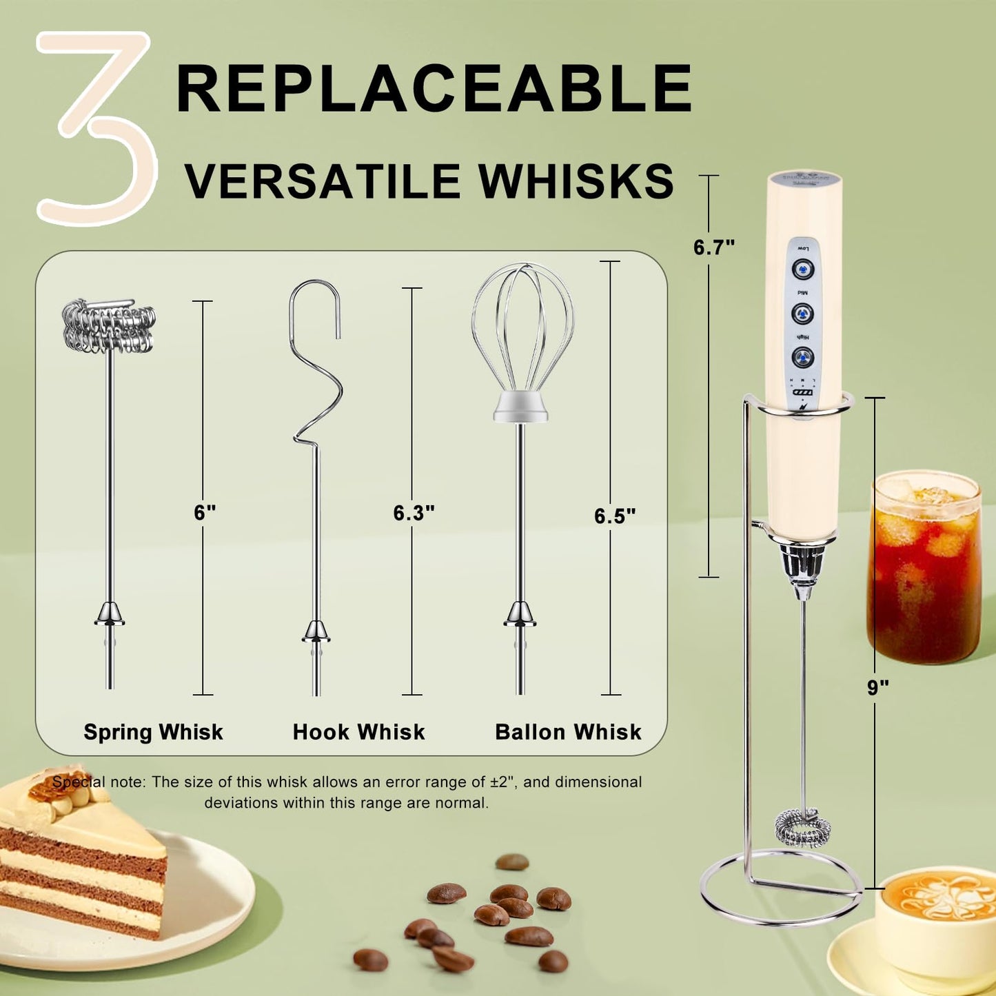 YUSWKO Black Handheld Milk Frother Wand for Coffee, Rechargeable Electric Whisk with 3 Heads 3 Speeds Drink Mixer Coffee Frother For Latte, Cappuccino, Hot Chocolate, Egg
