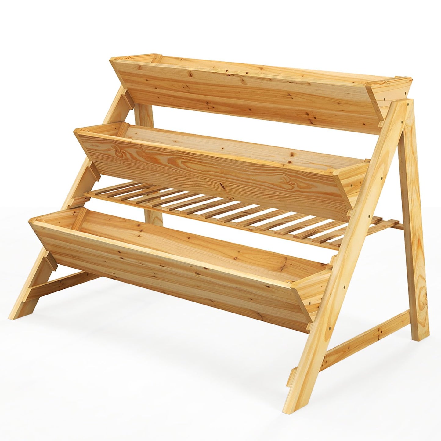 HOMGX 3-Tier Vertical Garden Bed, Wooden Tiered Planter Raised Bed with Legs & Storage Shelf for Flowers Herbs Vegetables, Freestanding Outdoor Plant Box Stand for Patio, Balcony