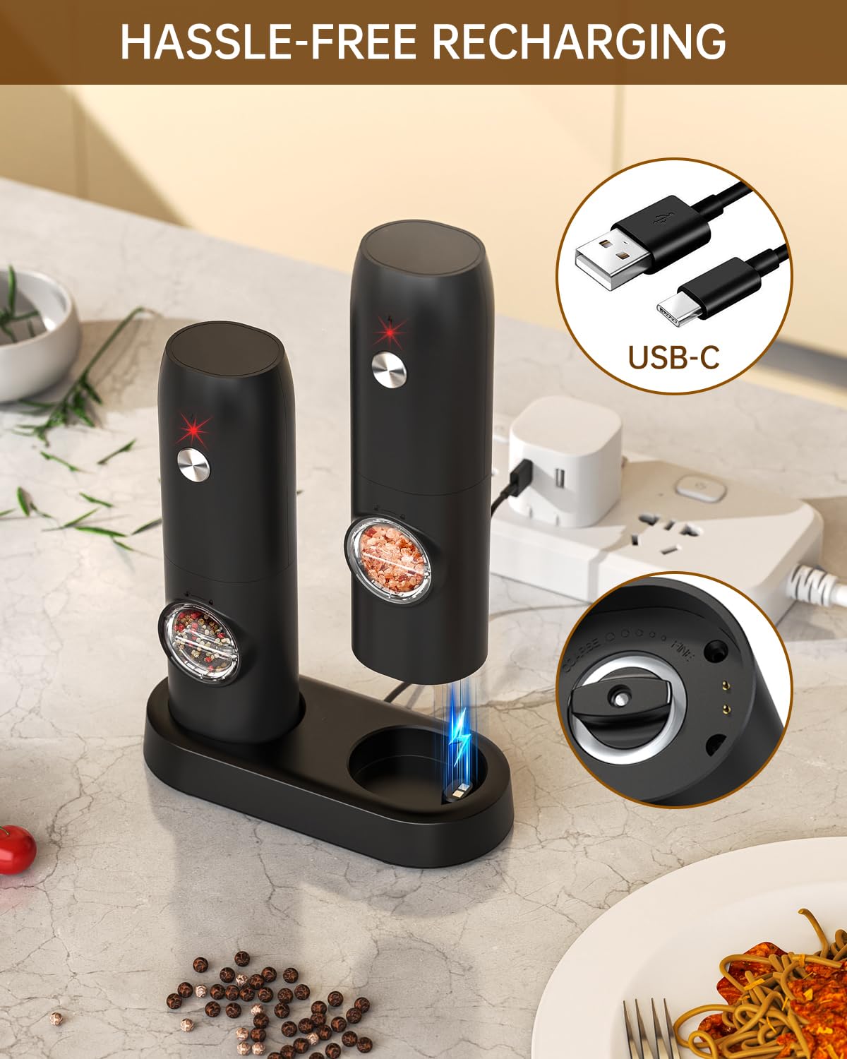 CIRCLE JOY Electric Pepper Grinder Mills, USB Rechargeable Salt and Pepper Set with Charging Base, Ceramic Grind and Adjustable Coarseness, Automatic Grinder for Home, Kitchen