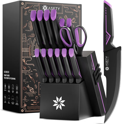 Knife Set - 15 PCS Kitchen Knife Set with Built-in Knife Sharpener Block - Stainless Steel Knife Block Set - Dishwasher Safe, Elegant Box for Men Women, Mothers Day