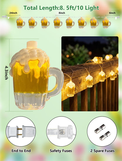 Beer Mug String Lights, 8.5Ft Hawaiian Beach Themed Party Decorations String Lights with 10 3D Beer Cup Lights, Outdoor Light Beer for Tropical Luau Party Beach Pool Summer Tiki Gifts Decorations