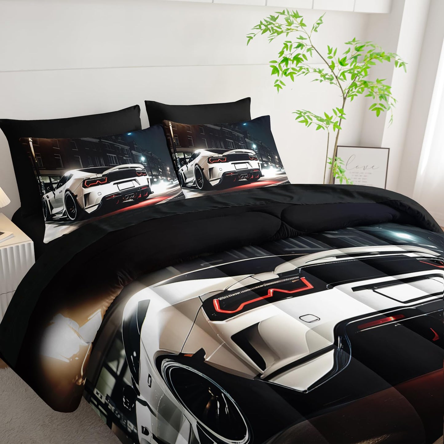 Nttopship Sports Car Comforter Set Twin Size 7PCS, White Racing Car Bed Set Light White Racing Car Bedding Set 7 Piece in A Bag,Bed Sheet Set Racing Car Decor,Microfiber Lightweight All Season