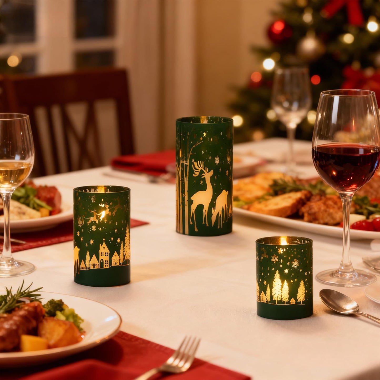 DRomance Christmas Flameless Candles Battery Operated with 10-Key Remote and Timer 3D Wick Flickering Electroplating Glass Reideer LED Candles Indoor Holiday Decorations(Green, 3" D x 4", 5", 6" H)