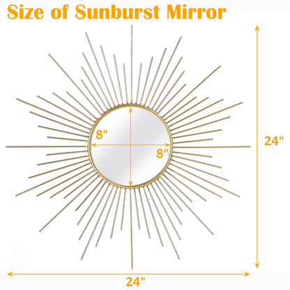 24'' Large Gold Sunburst Mirror, Metal Starburst Mirrors, Mid-Century Modern Sun Mirror Wall Decor for Living Room, Bedroom, Bathroom, Hallway, and Entryway