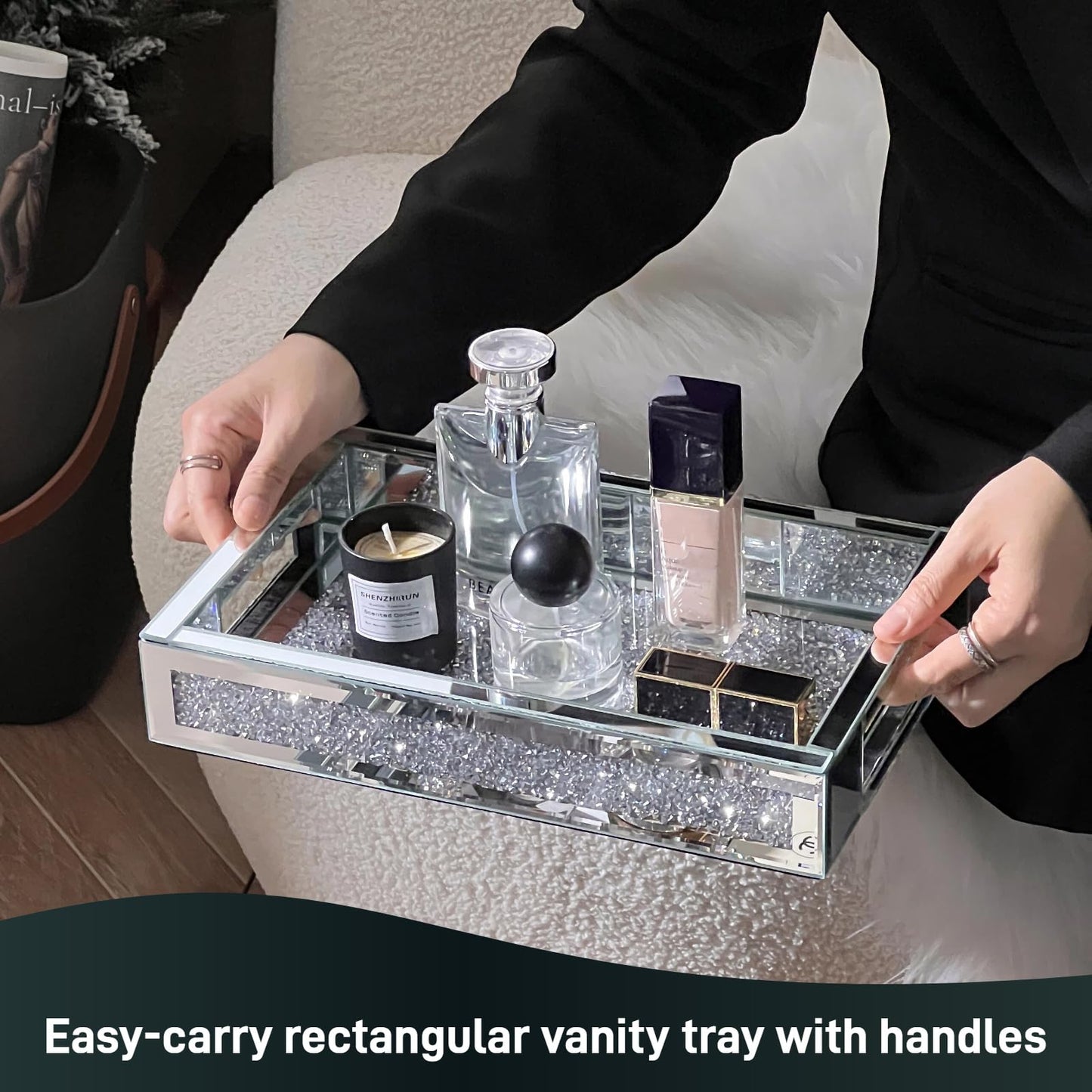 joyshiny Rectangle Glass Tray with Handles for Dresser, Mirror Makeup Organizer Perfume Display, Crushed Diamond Home Decor Accent for Vanity, Living Room Tables, Silver(12”x7.7”x2”)