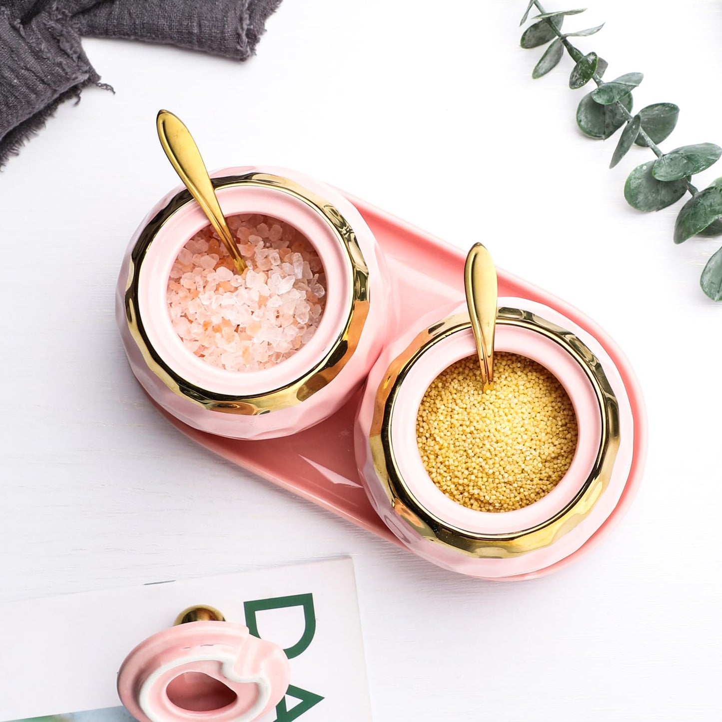 Sailench 10oz Ceramic Sugar Bowl, Golf Design Porcelain Salt Bowl Salt Container Sugar Bowl with Lid and Spoon for Home and Kitchen Coffee Bar (Pink (2pcs))