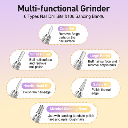 20000RPM Electric Nail Drill Professional Nail File Drill Acrylic Nails Kit for Manicure Gel Nail Polish Remover with 1 Pack of Sanding Bands(Pink)