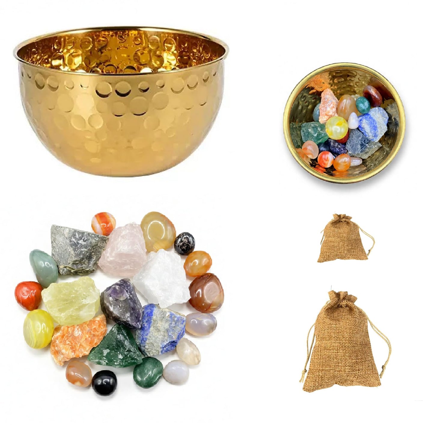 Healing Crystal and Stones Set， Golden Zen Bowl, Premium Crystal Display Gift Kit, Natural Raw Crystal and Tumbled Chakra Stones, Decorative Crystal Storage Holder