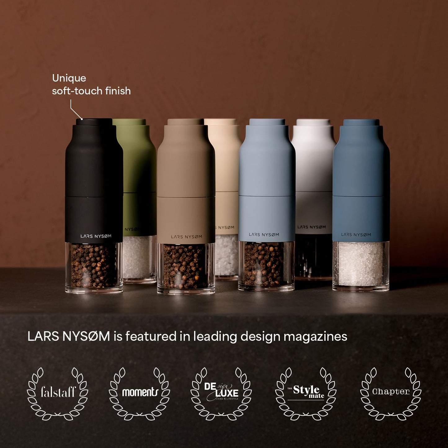 LARS NYSØM Salt and Pepper Grinder Set, Stainless Steel Manual Salt and Pepper Mills, Adjustable Ceramic Grinder, Design Spice Shakers (Brown/Beige)