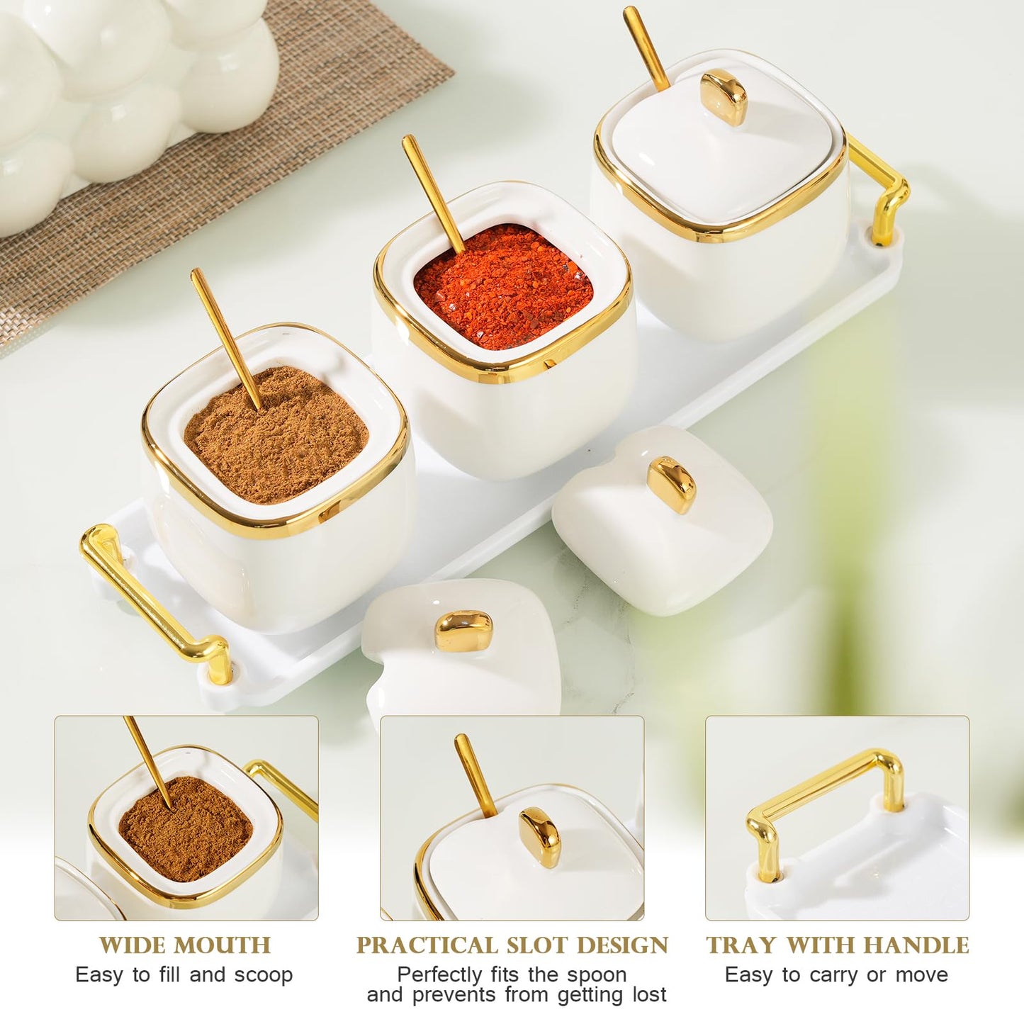 EABOSON 3 Pack Gold Condiment Spice Jars with Lids, Spoons, Tray - Ceramic Seasoning Box Set for Salt, Pepper, Sugar - Kitchen Storage
