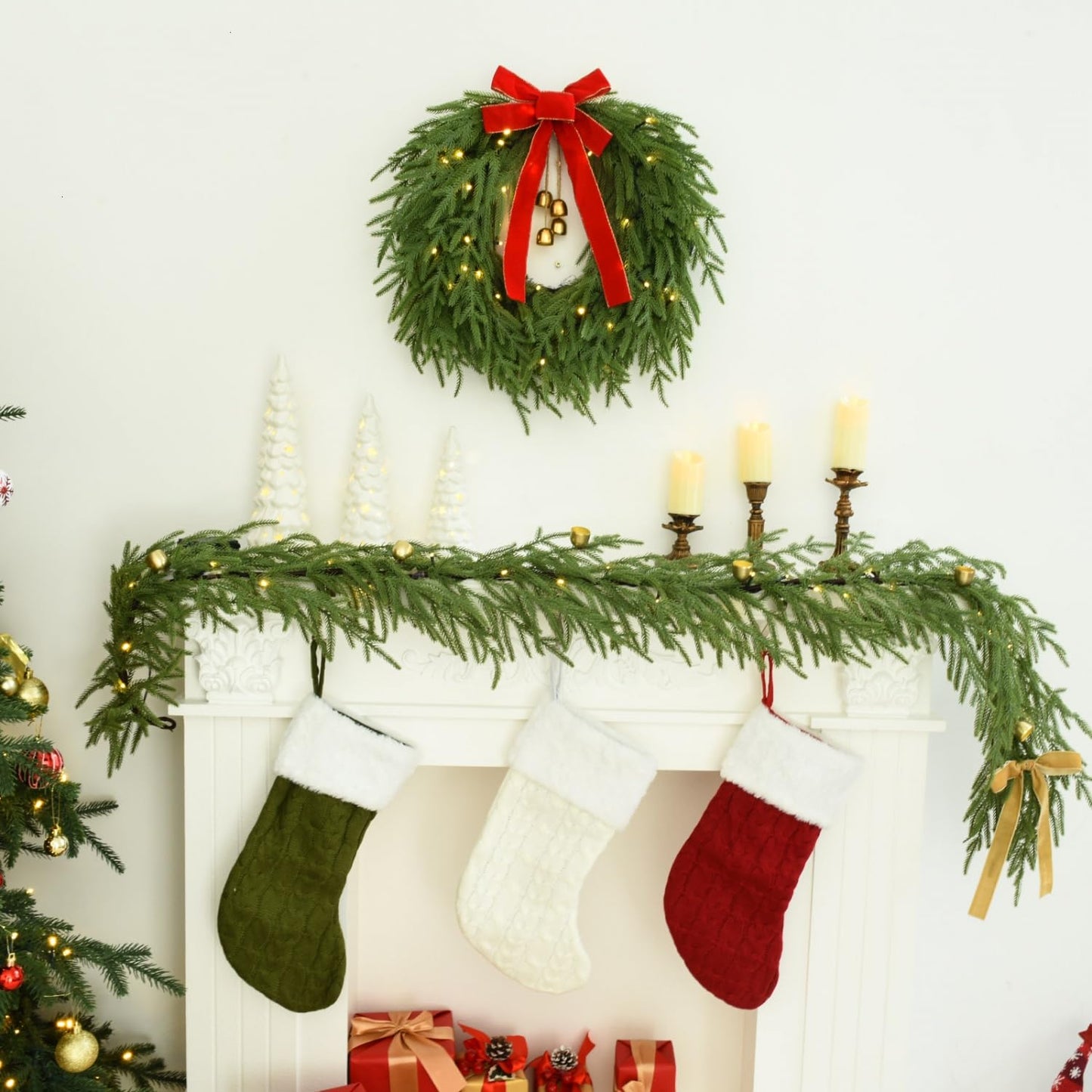 YoleShy 6FT Real Touch Norfolk Pine Garland Christmas Garland with Bell Battery Operated Prelit Garlands Christmas Decorations for Mantle Fireplace Xmas Garland Home Decor