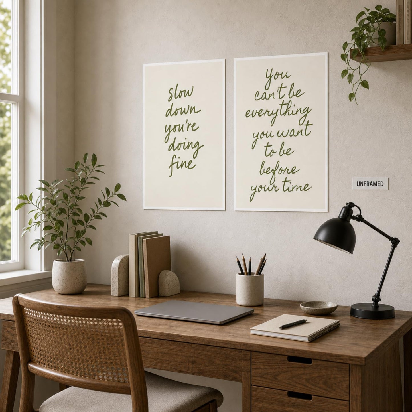 Slow Down & You Can't Be Everything Quote Wall Art Set of 2 Modern Minimalist Sage Green Neutral Tone Inspirational Wall Decor for Living Room Bedroom Office Calming Mindfulness Art 16x24 Inch Unframed