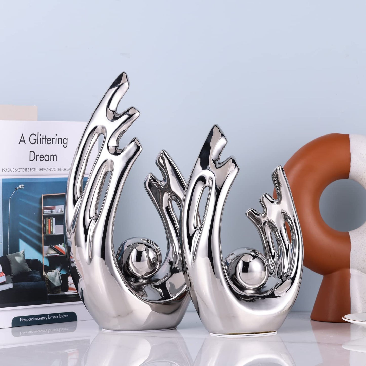 XMGZQ Silver Abstract Art Ceramic Statue Sculpture,Silver Home Modern Centerpiece Dinner Table, Kitchen, Bathroom Mantelpiece Coffee Table Office Aesthetic Decoration Silver Ceramic Statue Decor