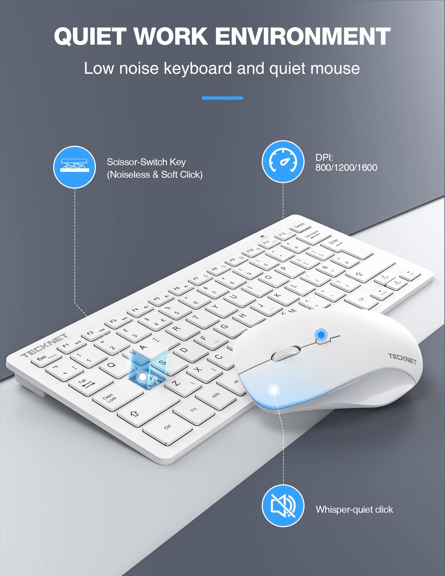 TECKNET Mini Wireless Keyboard and Mouse Set, 2.4G Cordless USB Keyboard and Silent Mouse Comb with Nano USB Receiver, 12 Multimedia Shortcuts for Computer, PC, Laptop, Desktop, Android Smart TV