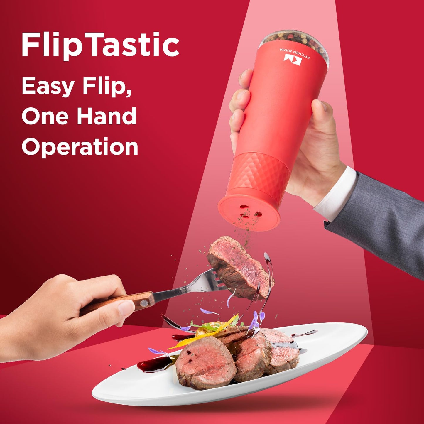 Kitchen Mama FlipTastic Rechargeable Salt and Pepper Grinder – Gravity Electric Grinder, Pepper Mill, Adjustable Coarseness, One-Hand Operation, Refillable Salt and Pepper Mill for Kitchen (Red)