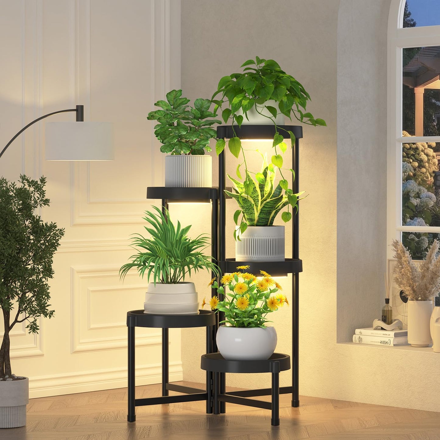 iDavosic.ly 5 Tier Folding Plant Stand Indoor Outdoor with Grow Light, Tiered Corner Flower Holder Shelf with Plastic Tray, Metal Orchid Display Rack for Patio Porch Living Room Garden Balcony, Black