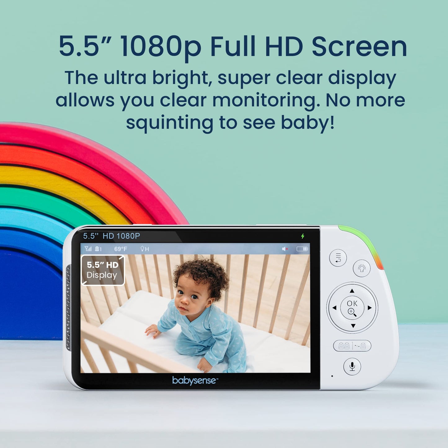 Babysense 5.5” 1080p Full HD Split-Screen Baby Monitor, Video Baby Monitor with Camera and Audio, Two PTZ Cameras, RGB Night Light, 300m Range, Two-Way Audio, 4x Zoom, 5000mAh Battery